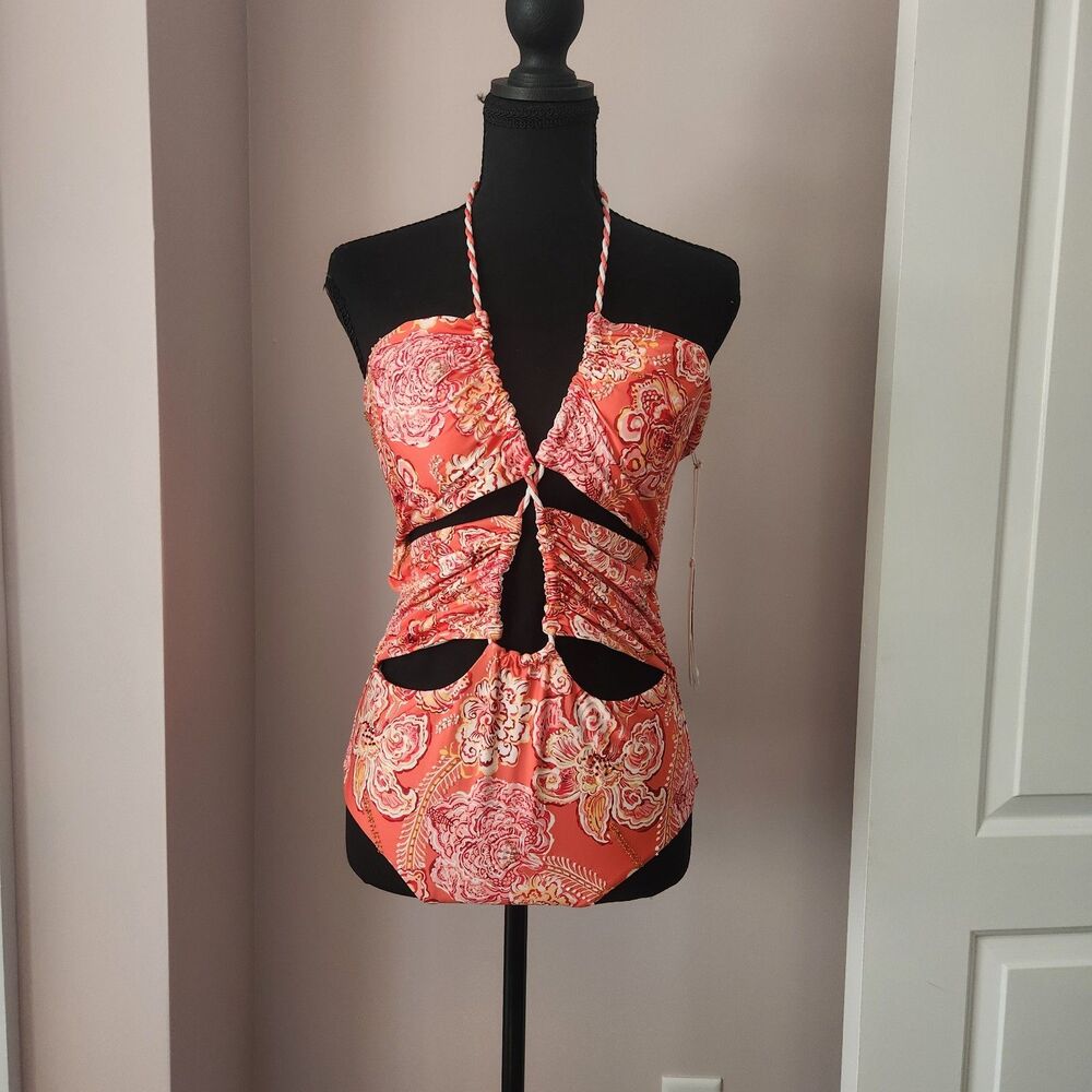Cosita Linda Swimsuit Beaded Floral Cut Out Halter One Piece Swim NWT XL - Picture 10 of 14